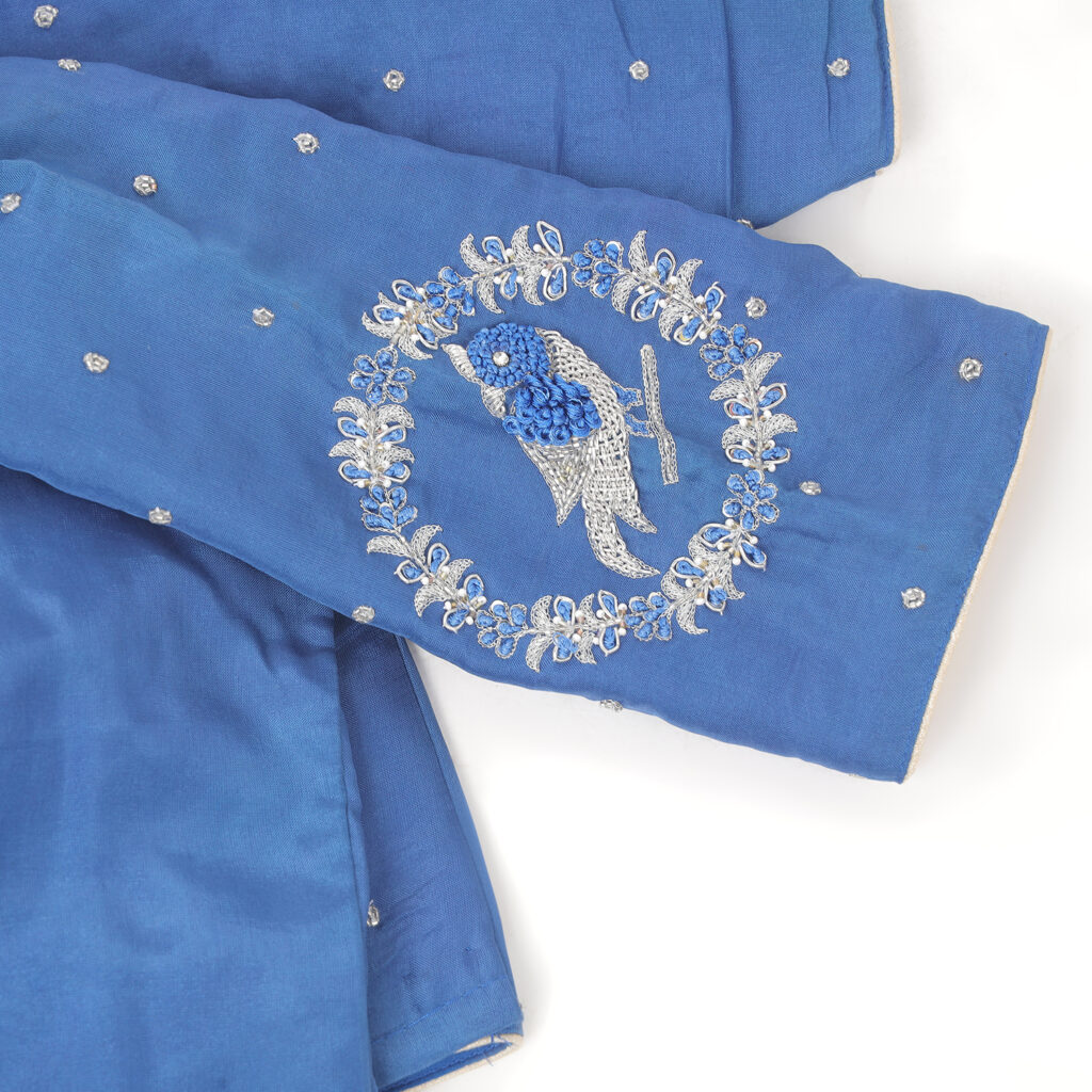 Royal blue silk blouse designer embroidery detail2