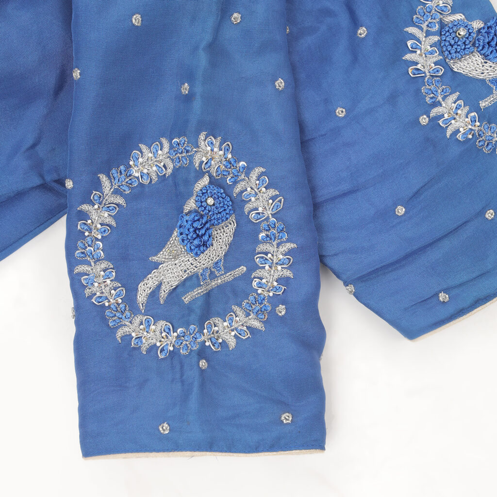 Royal blue silk blouse designer embroidery detail1