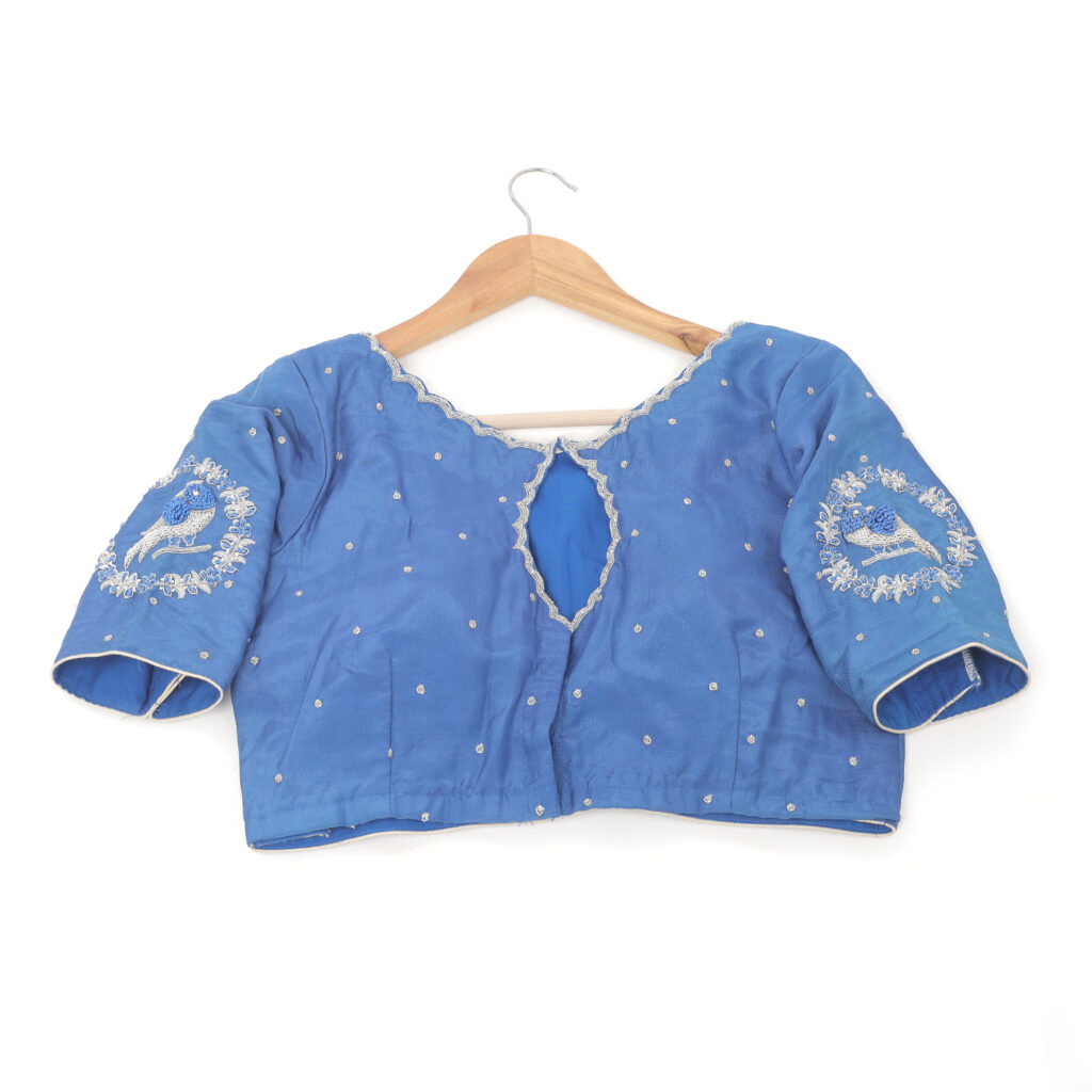 Royal blue designer silk blouse back with tassels ready made