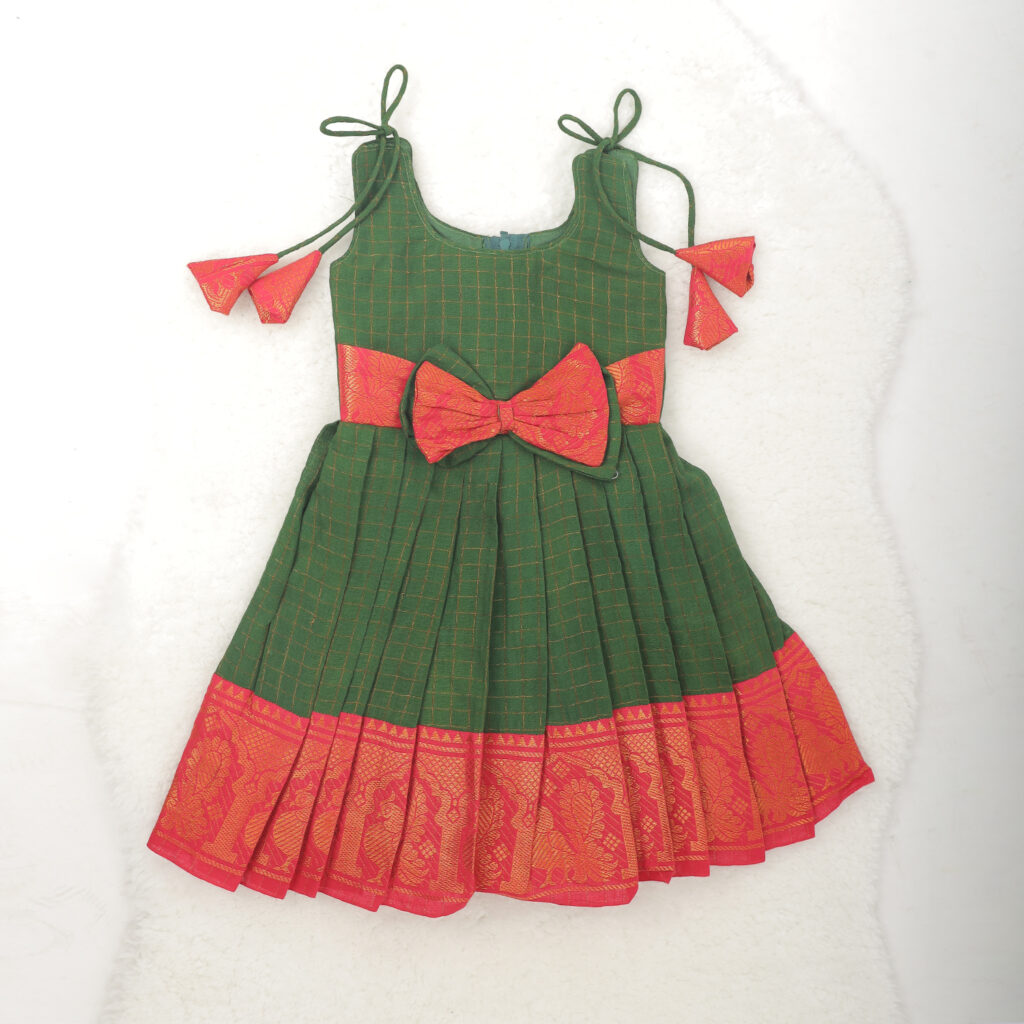 Amora green and red traditional kids festive frock front view
