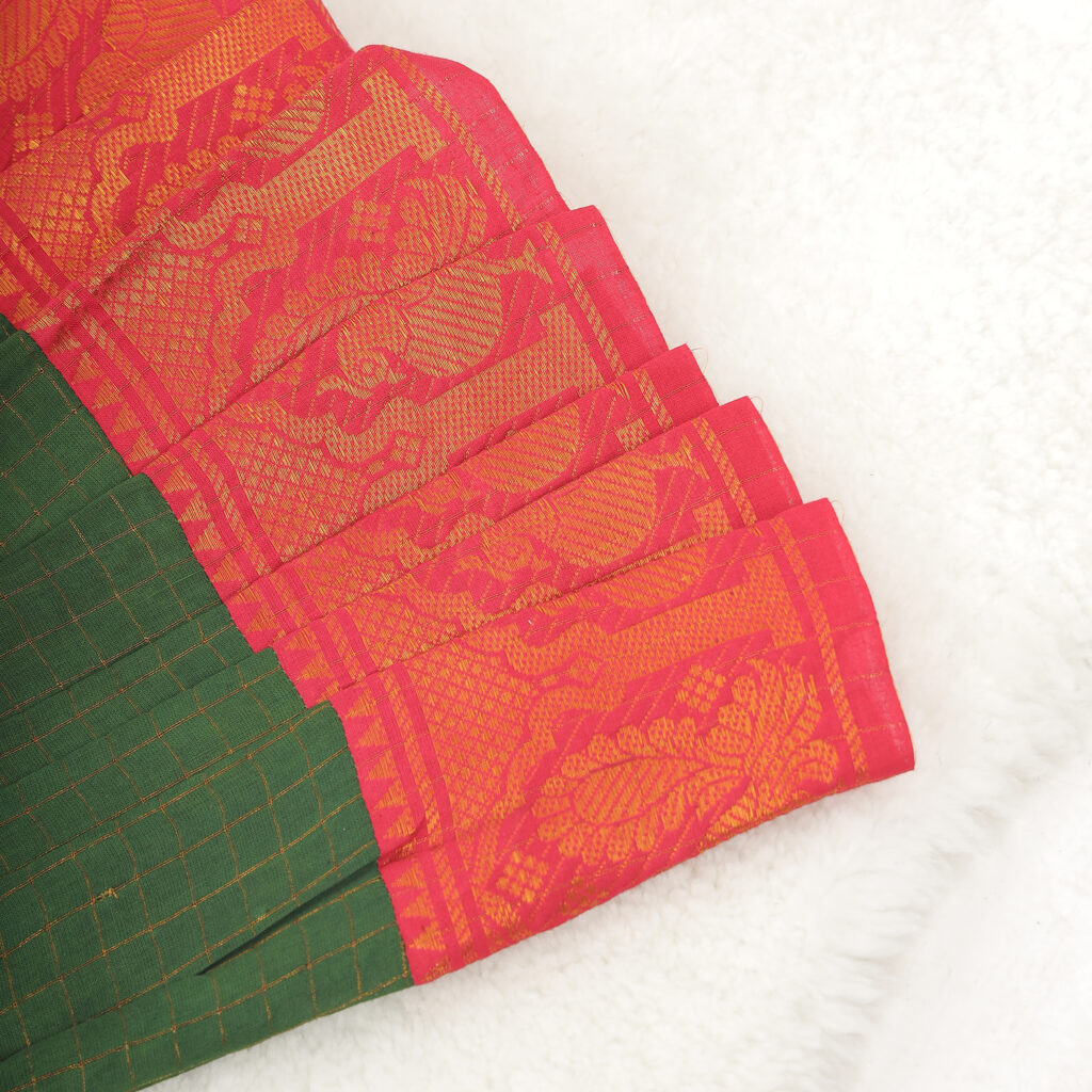 Border detail of Amora green red traditional kids frock