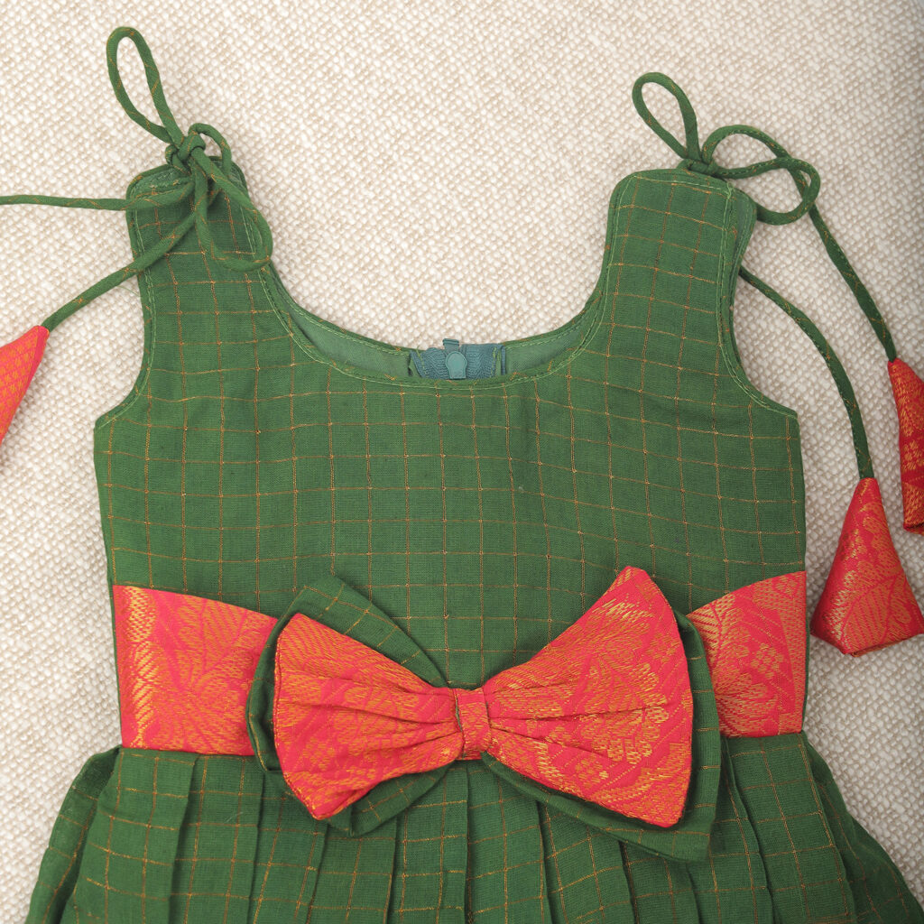 Top view of Amora green red traditional kids festive frock