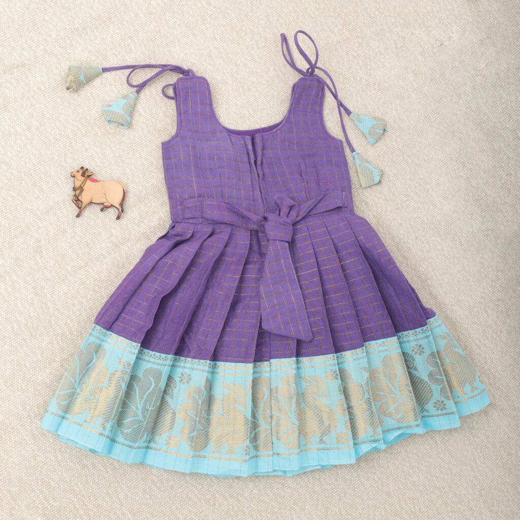 Purple and aqua fabric and back view on kids frock