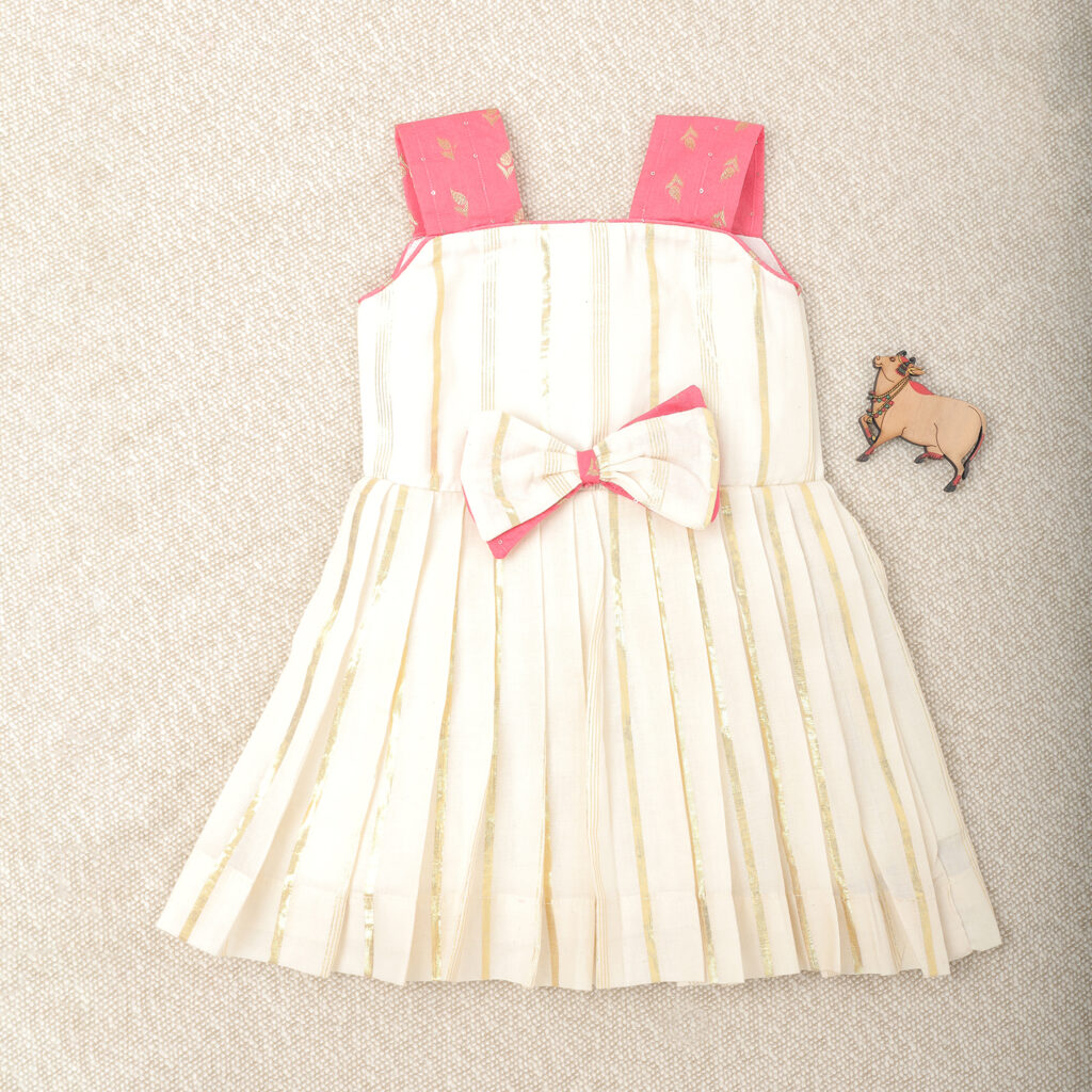 Cream and pink traditional kids frock full view