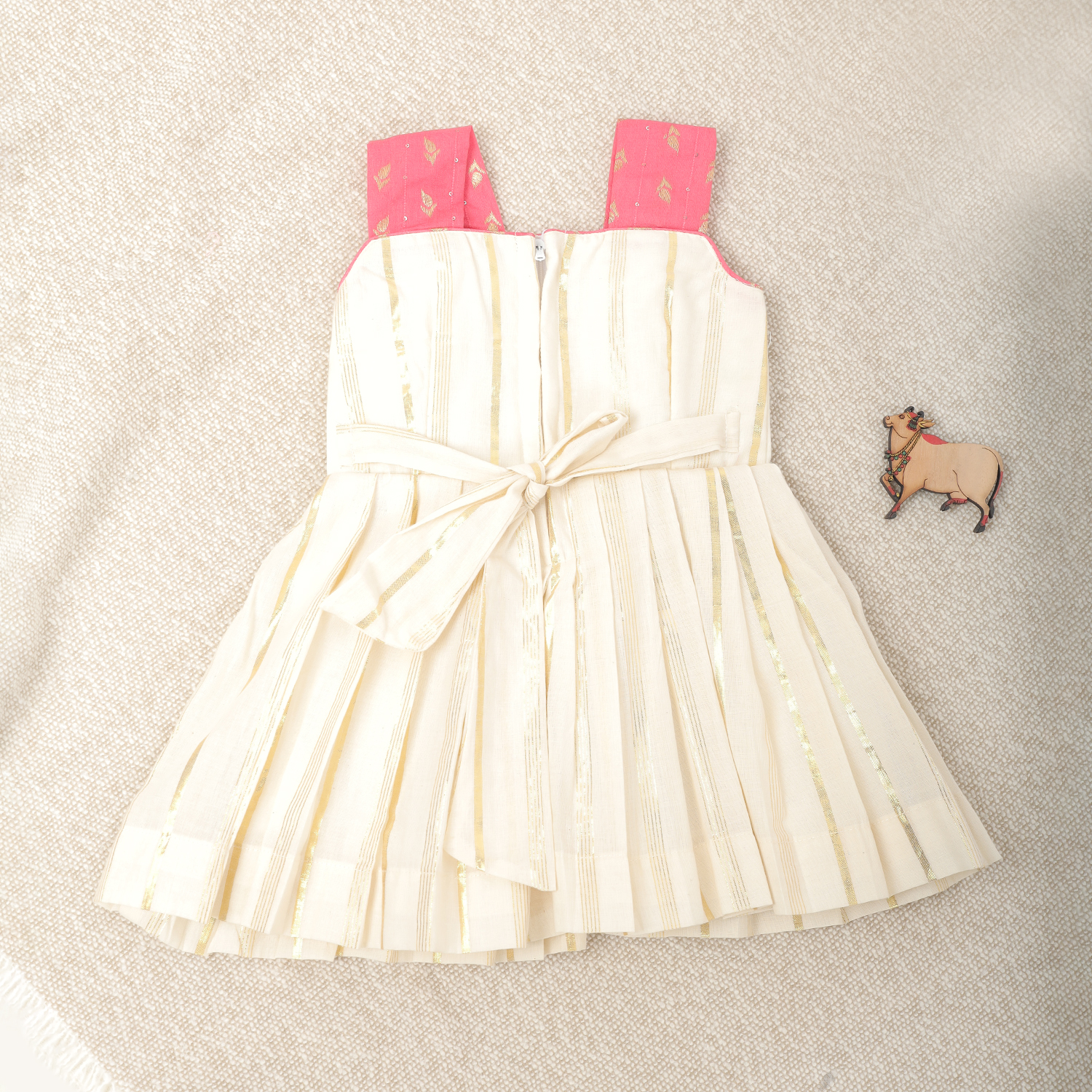 Nigal Mathi | Cream And Pink Traditional Kids Frock - Image 4