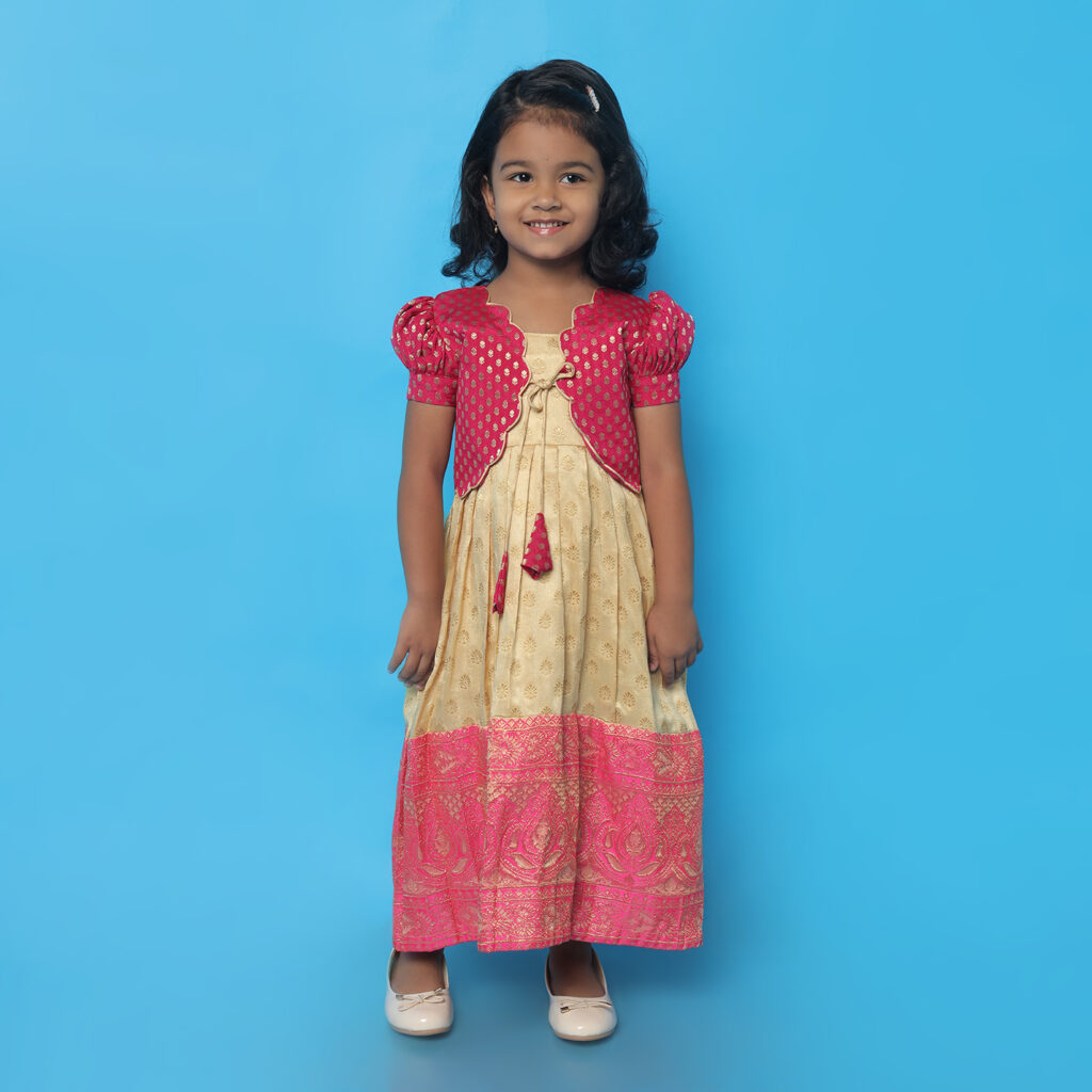 Taara beige pink ethnic kids dress full view