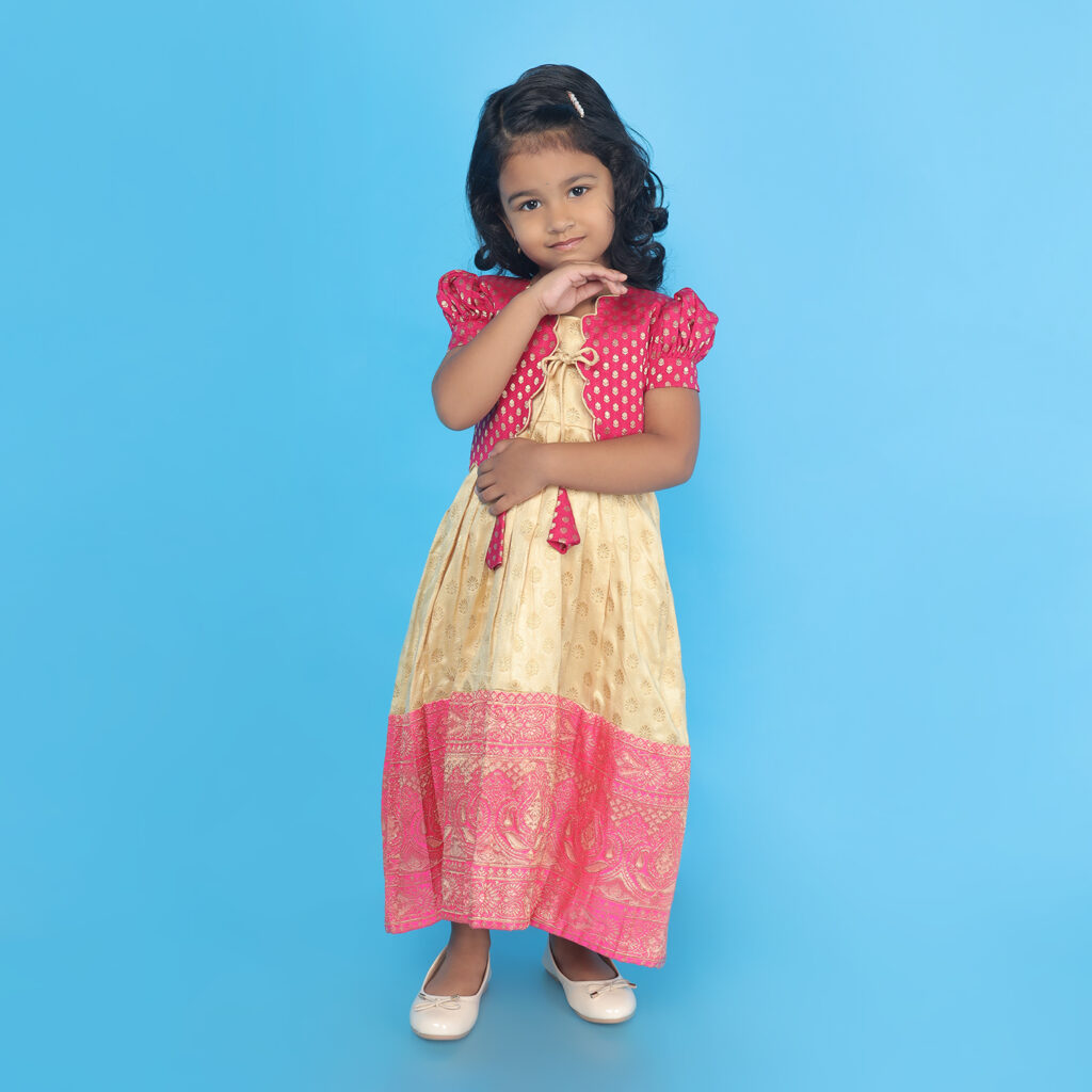 Front view of Taara beige pink ethnic kids dress