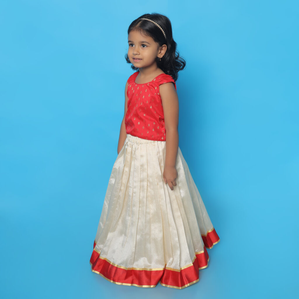 Close up traditional design detail on Taara red and ivory ethnic lehenga set
