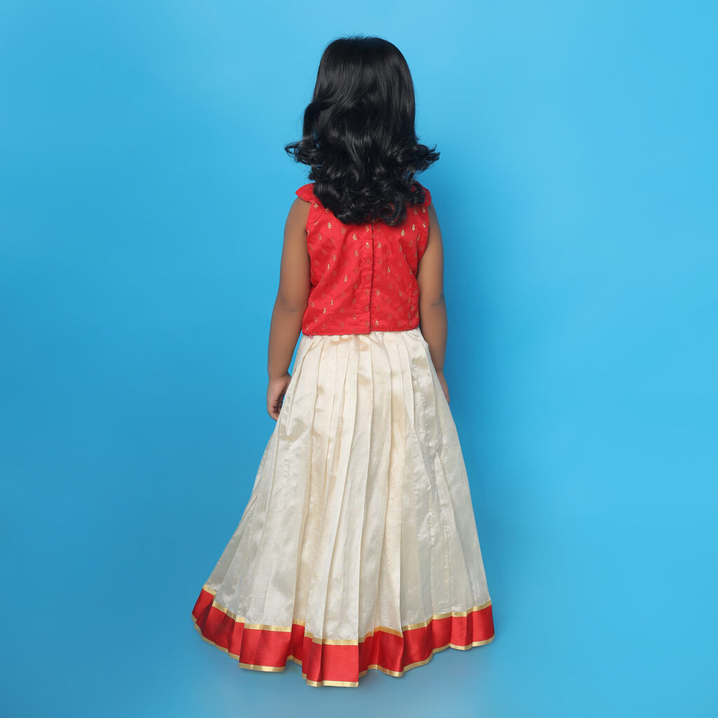 Back view of Taara red and ivory ethnic lehenga set for girls