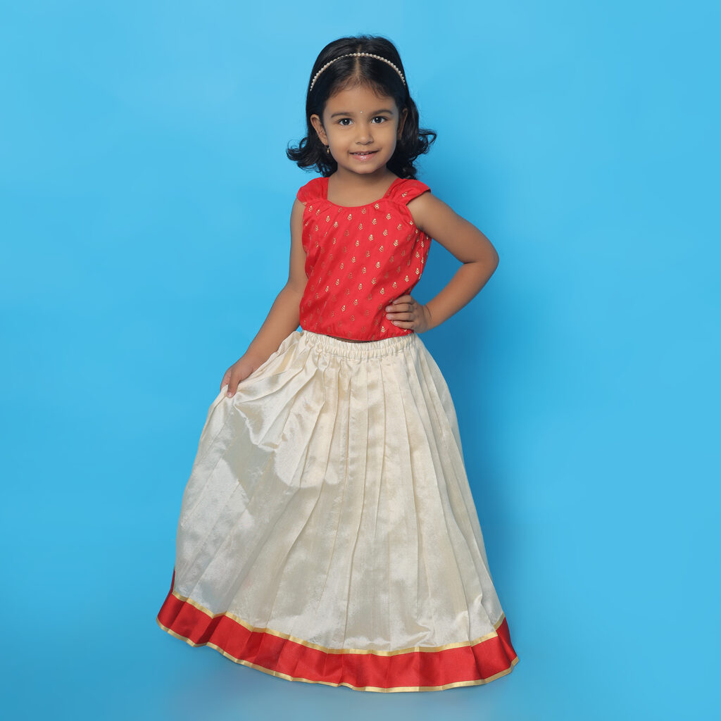 Taara red and ivory ethnic lehenga set for girls full view