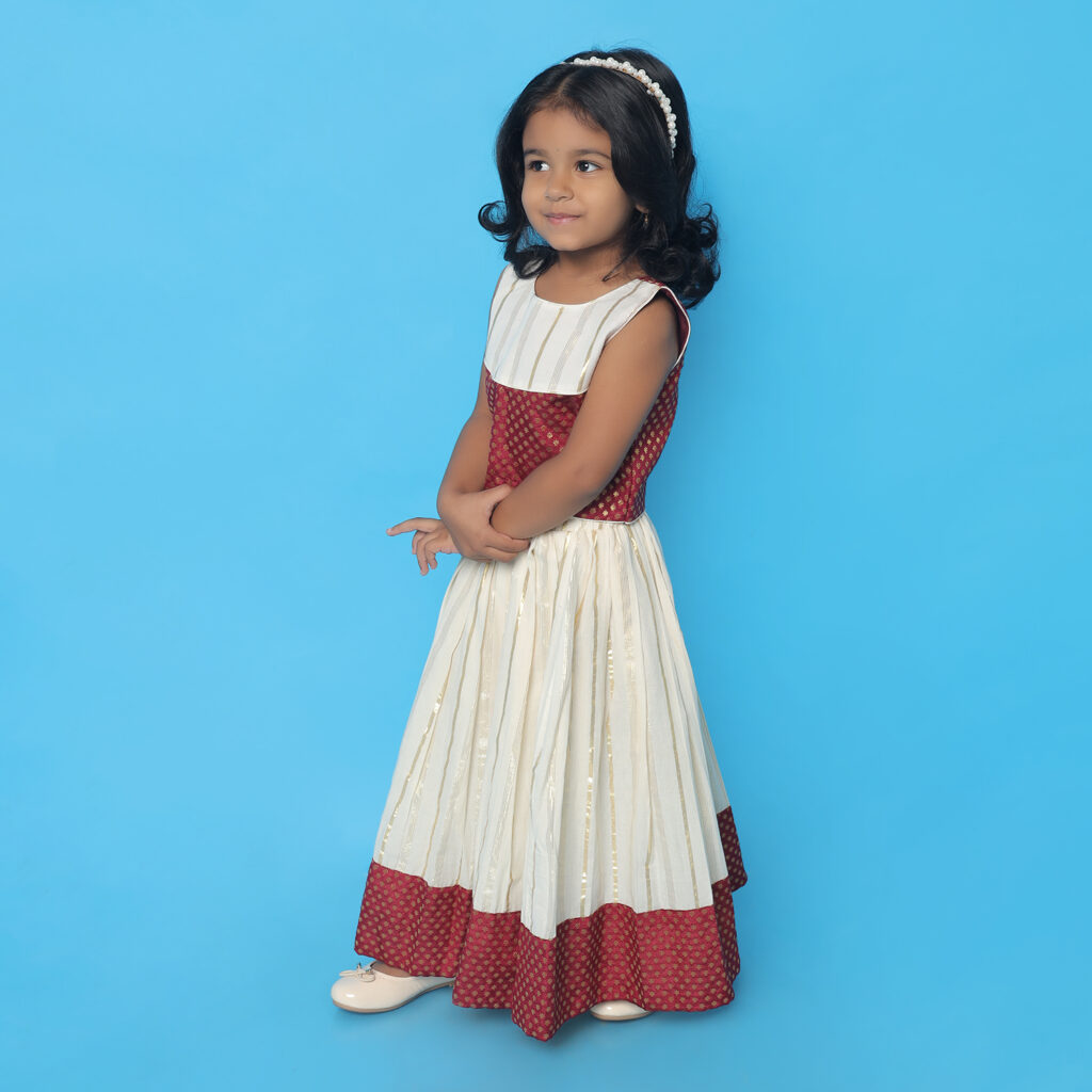 Nila ivory and maroon ethnic lehenga set for girls full view