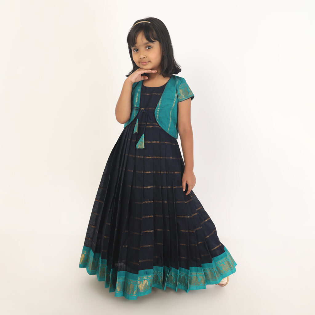Side view of deep blue and green ethnic wear for girls