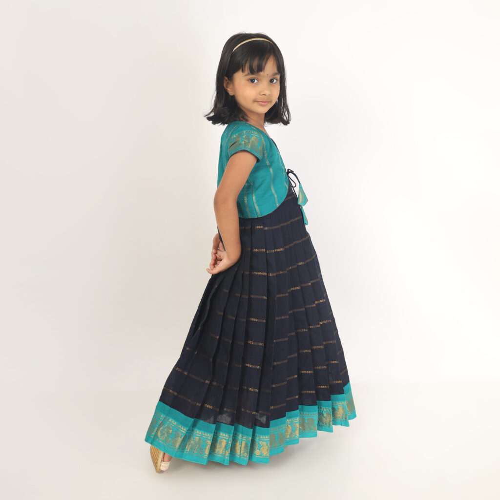 Front view of deep blue and green ethnic wear for girls
