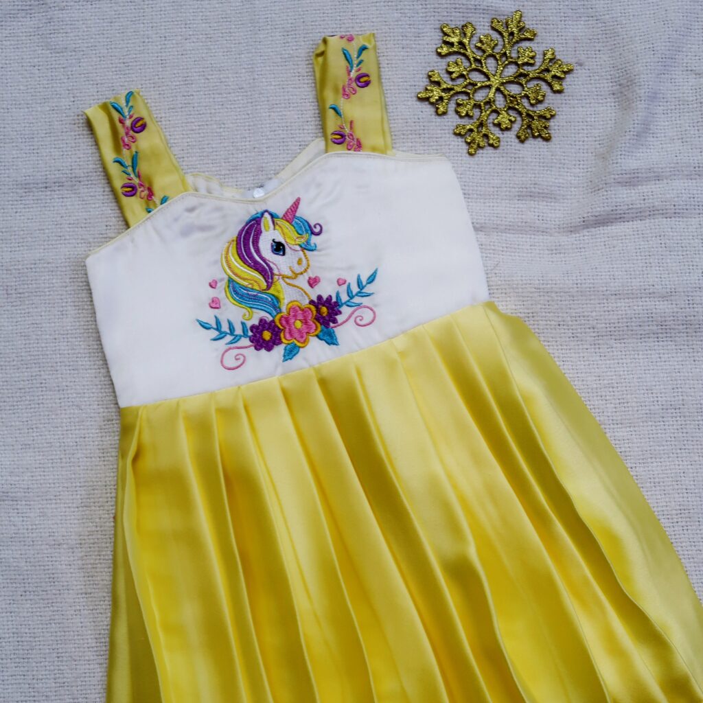 limited stock Nigal Mathi yellow unicorn embroidered kids frock immediate dispatch