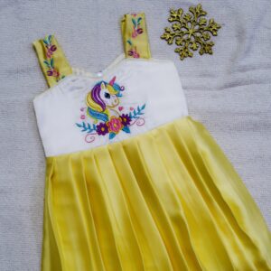 Nigal Mathi | Yellow Unicorn Embroidered Kids Frock - Image 1