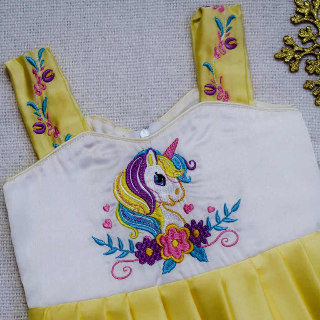 Nigal Mathi yellow unicorn embroidered kids frock ready stock limited sizes immediate dispatch