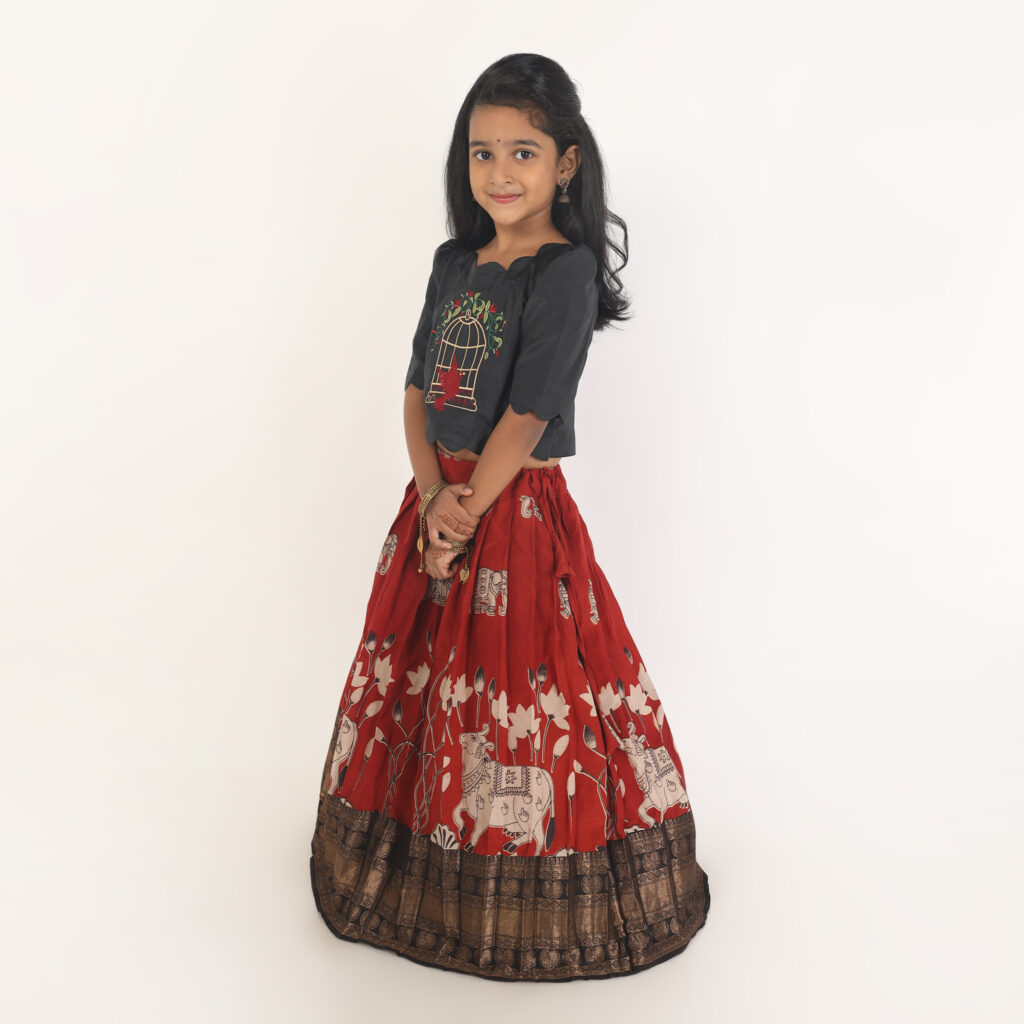 Full length girls Kalamkari lehenga dress Yazh Nila collection