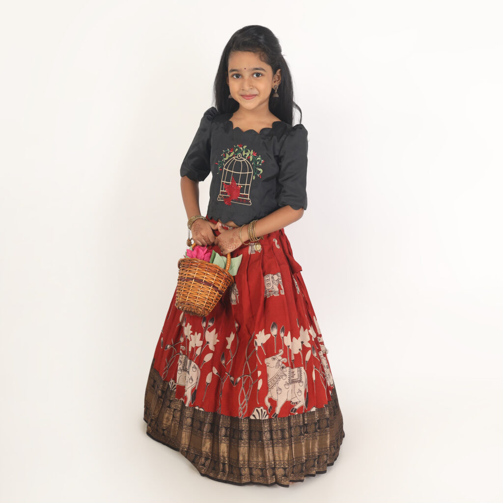 Red Kalamkari printed skirt detail festive wear for girls 1