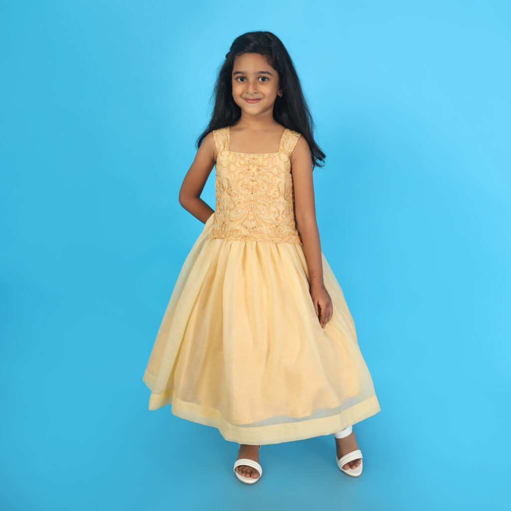 Yellow embroidered kids gown birthday party wear dress elegant look