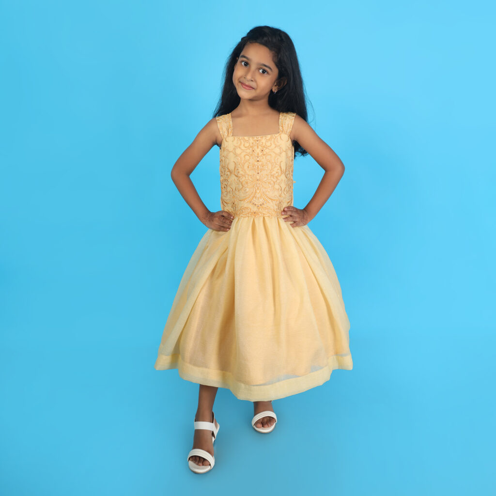 Designer yellow embroidered kids gown birthday and festive wear outfit