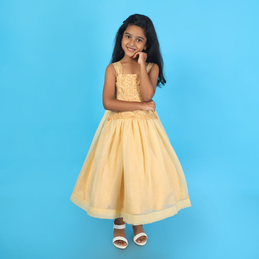 Flared yellow embroidered kids gown princess style long party dress