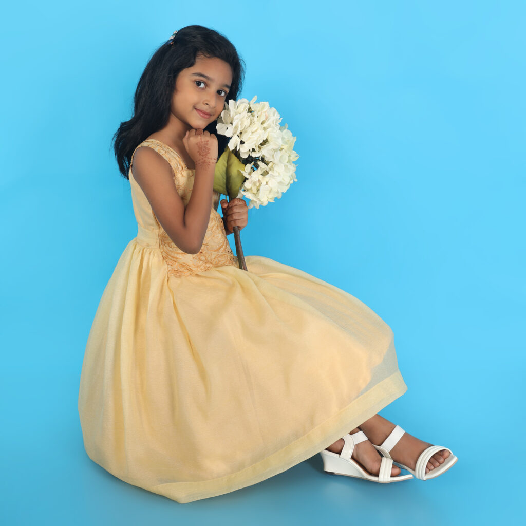 Custom yellow embroidered kids gown tailored designer party wear dress