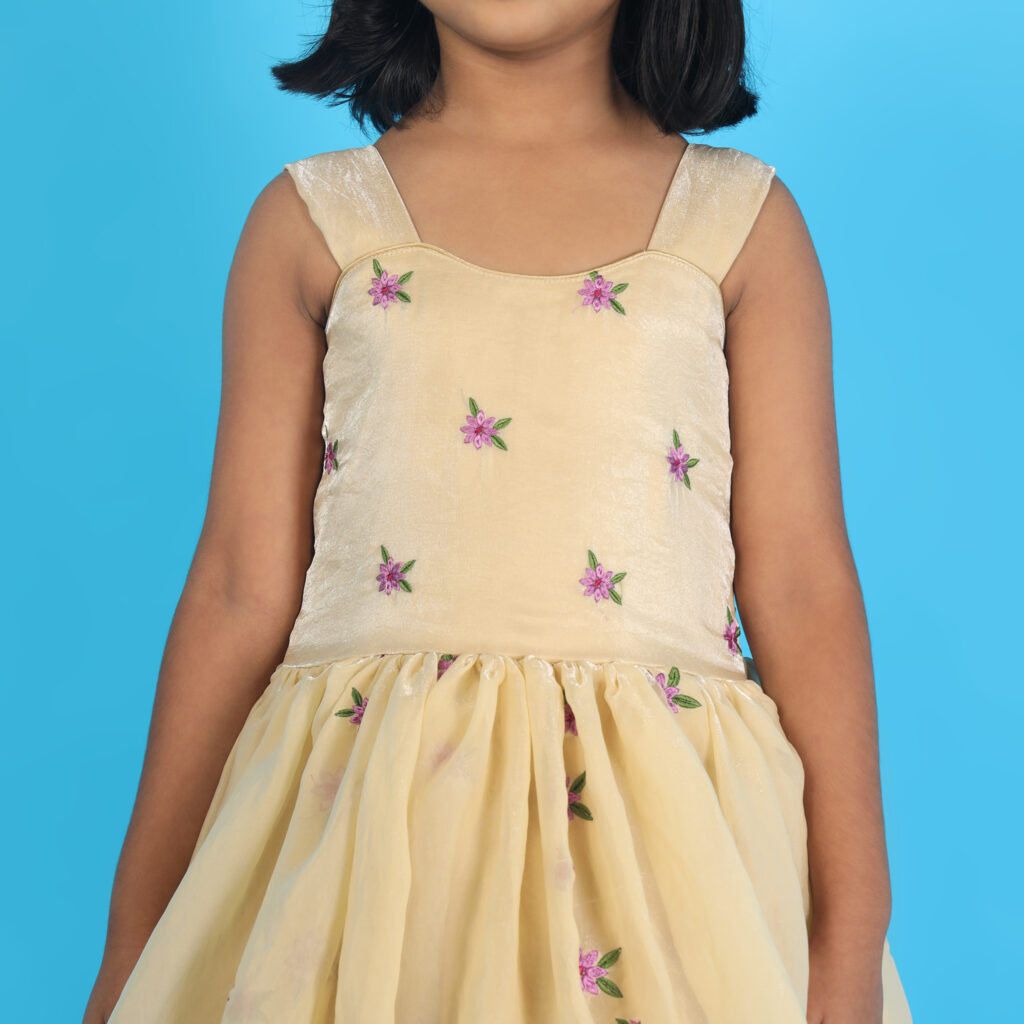 Blossom flower kids frock with cape festive party wear dress