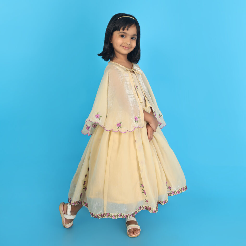 Back view blossom flower kids frock with cape premium birthday outfit