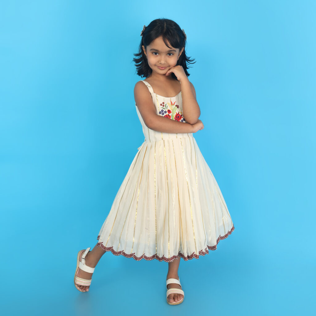 Ivory bloom embroidery kids frock birthday and festive party wear dress