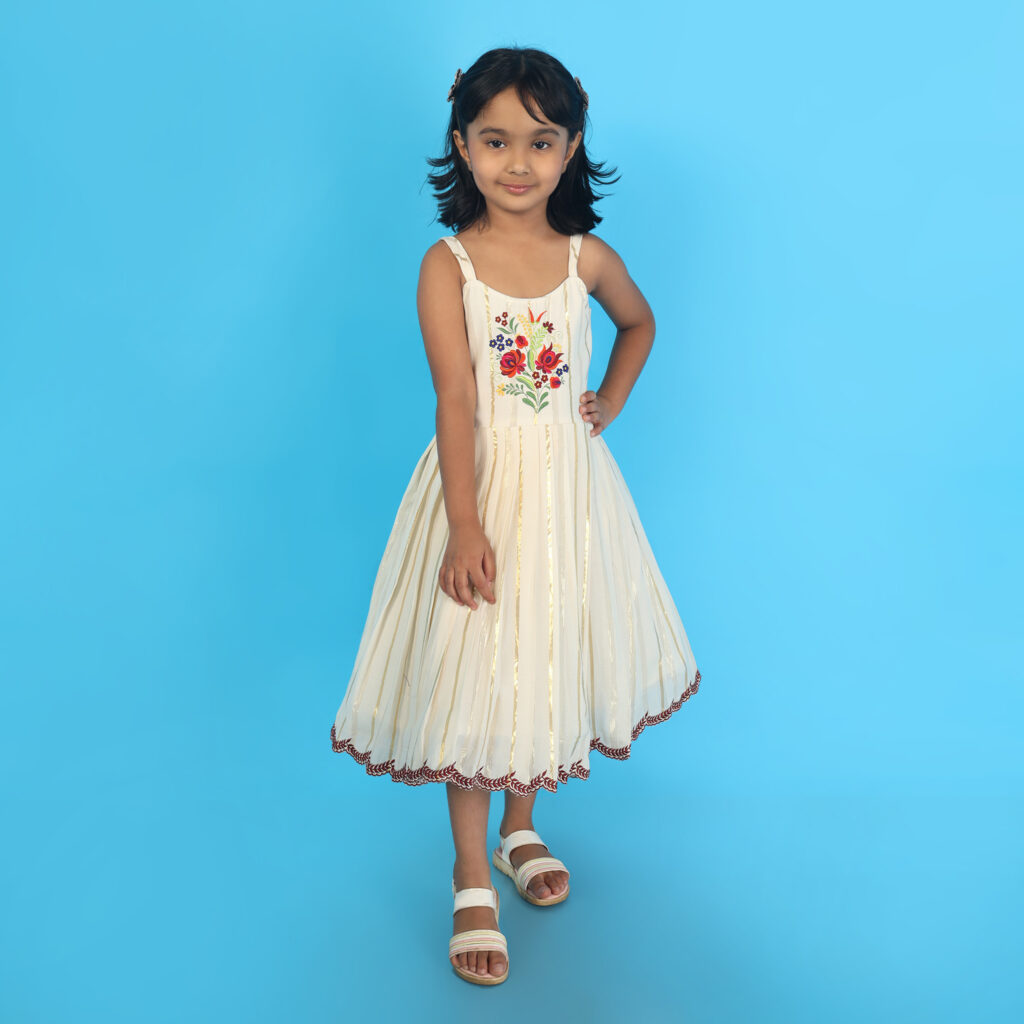 Flared ivory bloom embroidery kids frock princess style long dress