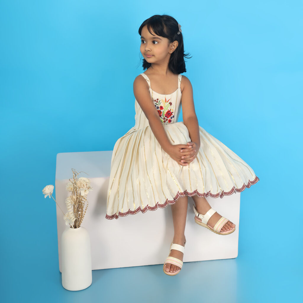 Ivory bloom embroidery kids frock front view elegant designer party wear dress