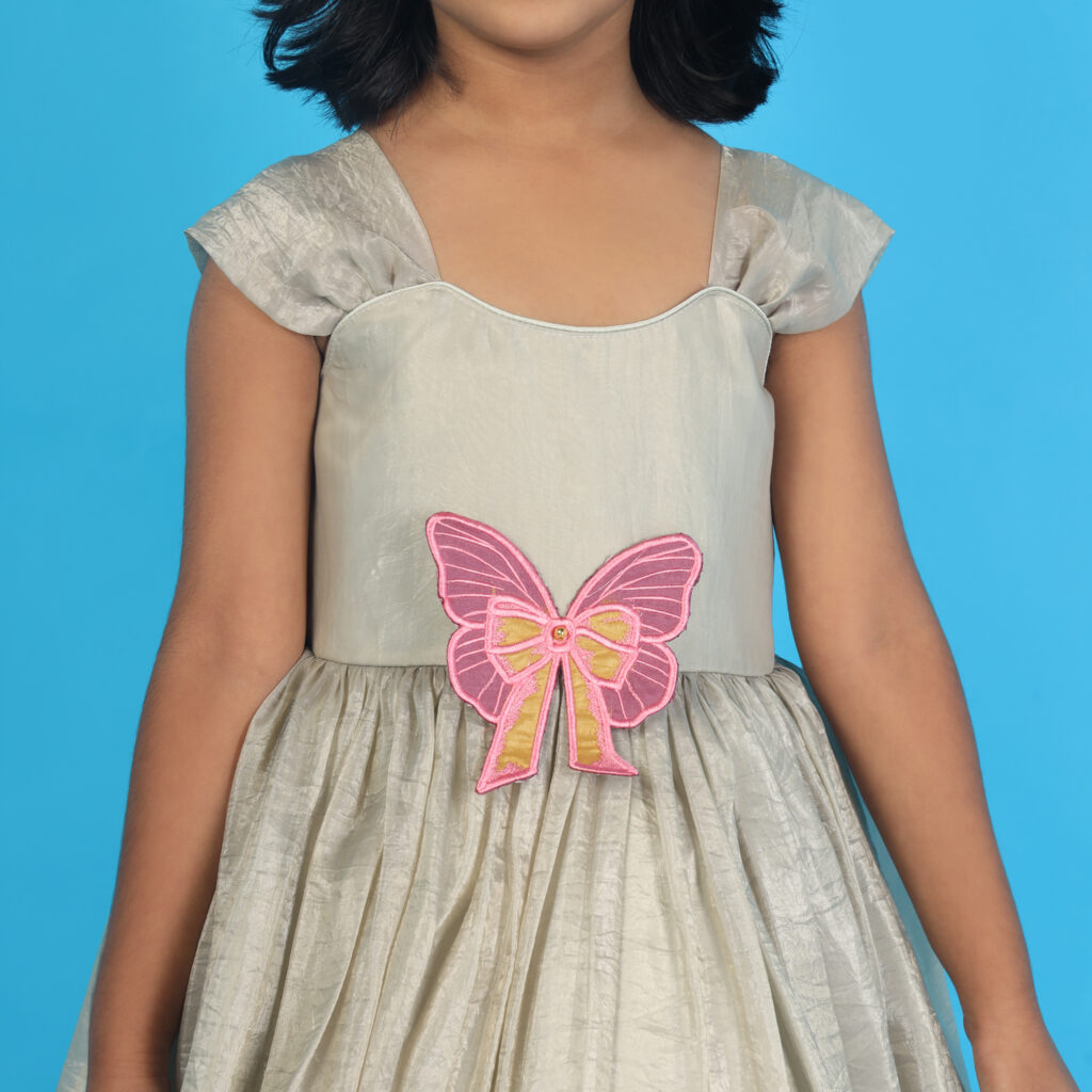Closeup butterfly charm embroidery detail kids frock luxury designer finish