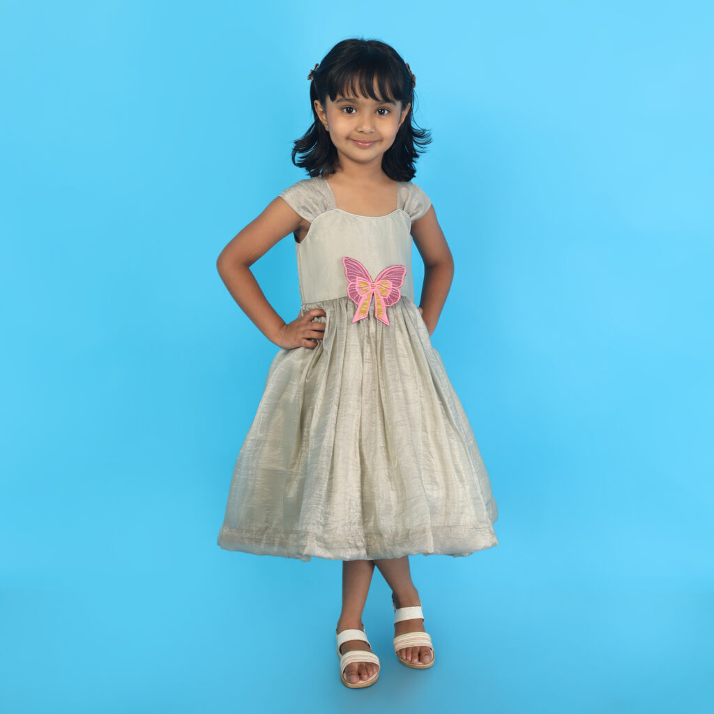 Butterfly charm kids frock front view elegant designer party wear dress for girls