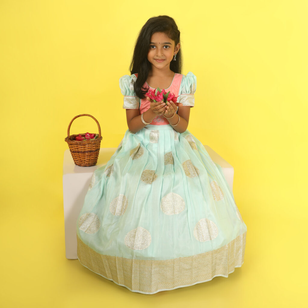 Girls sea green and peach long gown front view customised festive wear