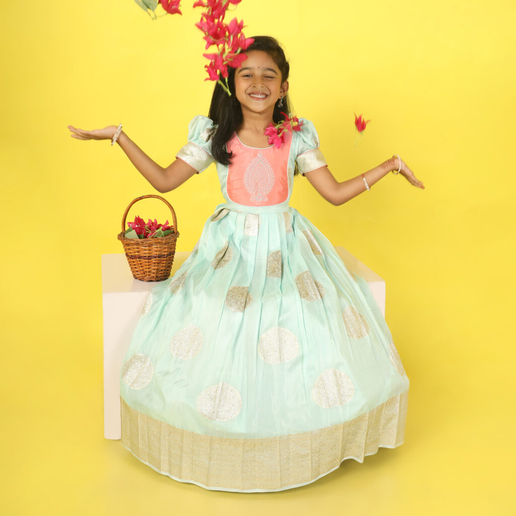 Girls sea green and peach long gown front view customised festive wear1