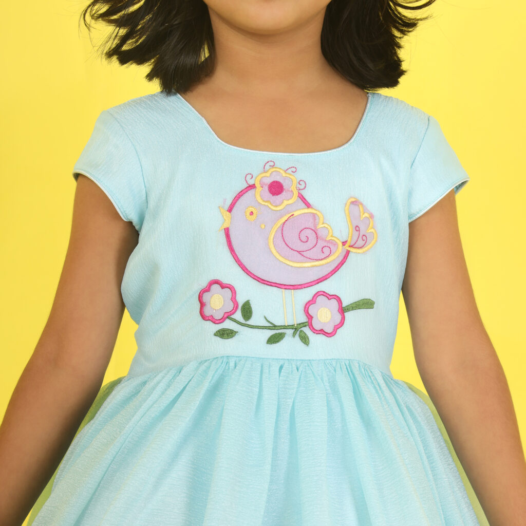 Closeup birdy charm embroidery detail blue kids frock luxury finish