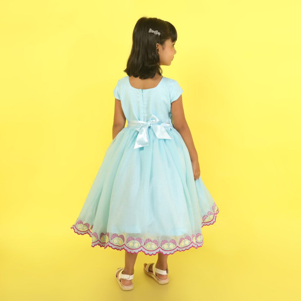 Back view blue birdy charm kids frock premium birthday party wear outfit