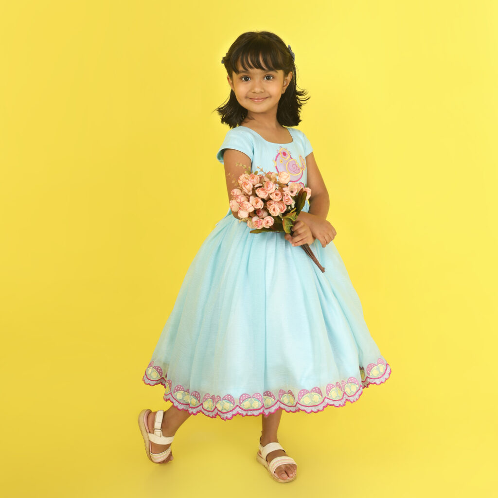 Custom blue birdy charm kids frock tailored designer outfit perfect fit