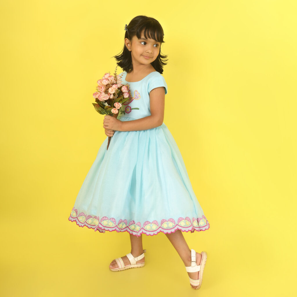 Blue birdy charm kids frock birthday and festive party wear dress