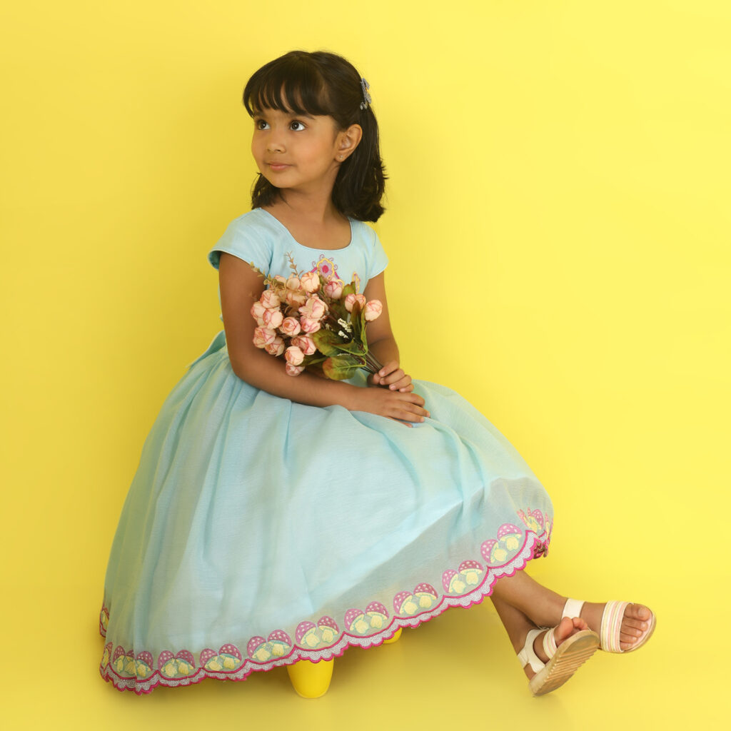 Designer blue birdy charm kids frock elegant birthday celebration outfit