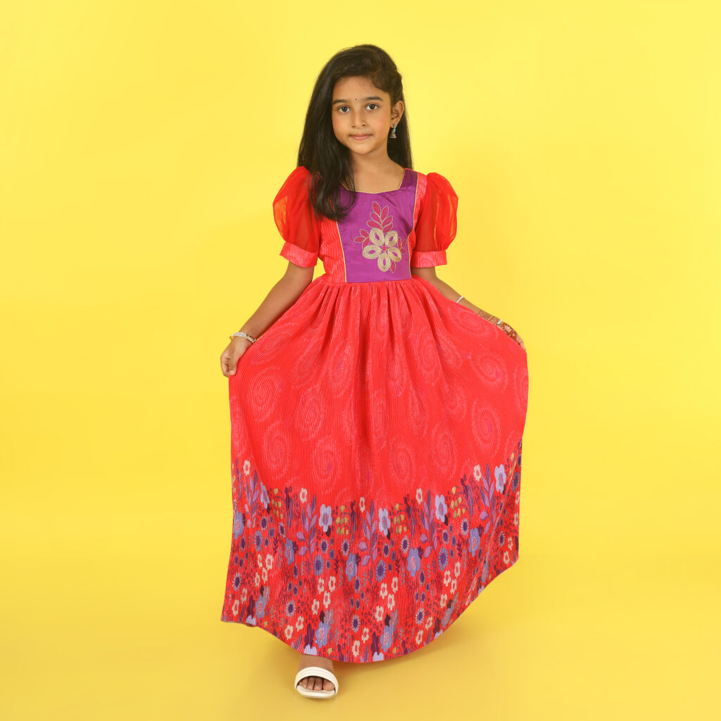 Taara pleated floral long gown for girls full view
