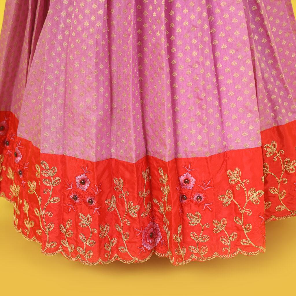 Side view purple and red silk festive long gown puff sleeves