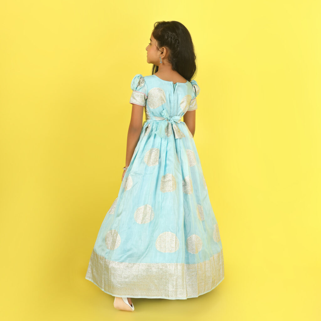 Back view customised girls festive long gown Yazh Nila