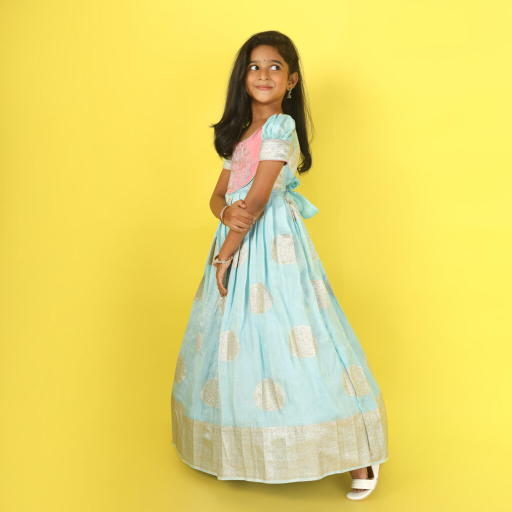 Full length girls blue and pink long gown customised design