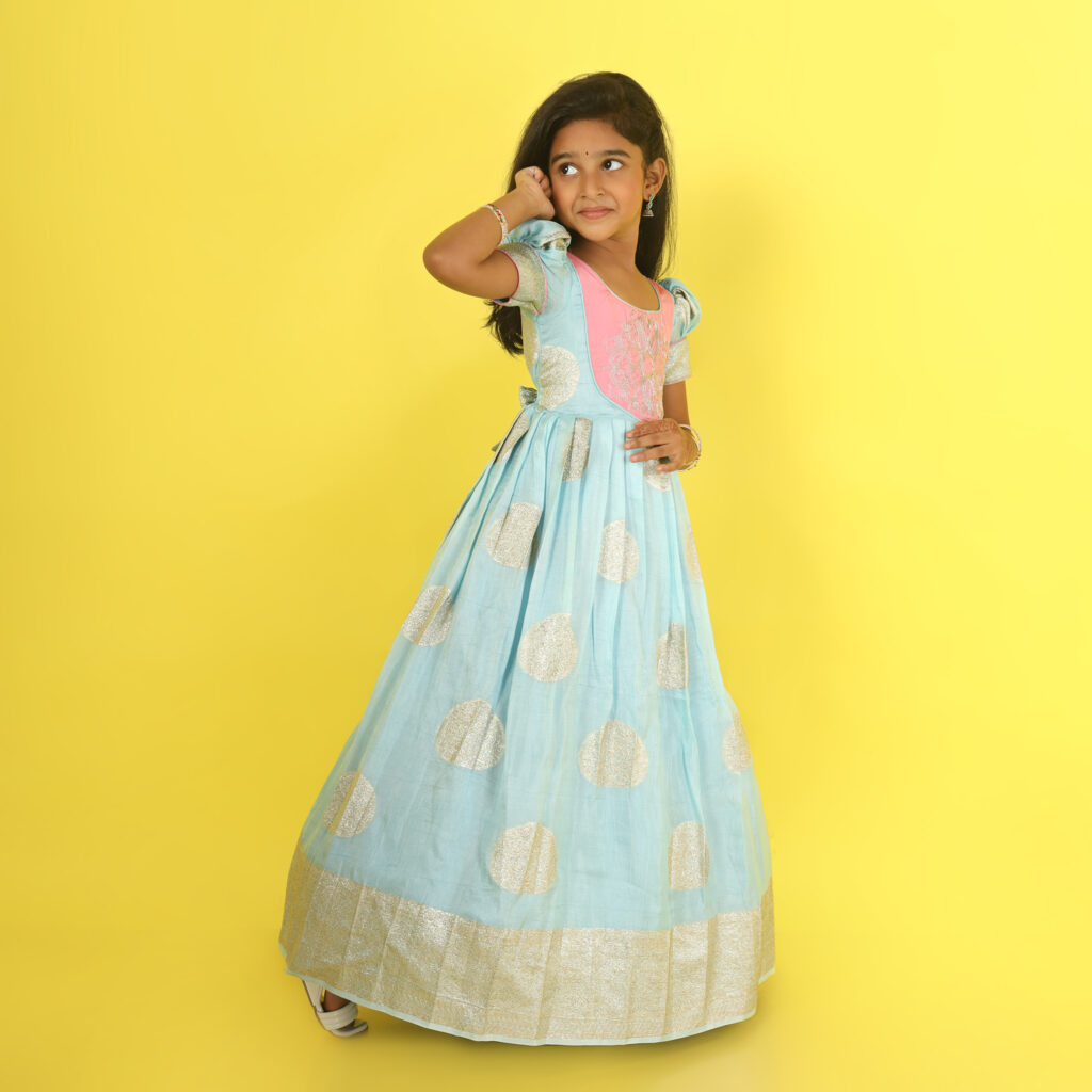 Side view sea blue and pink girls long gown embroidered bodice