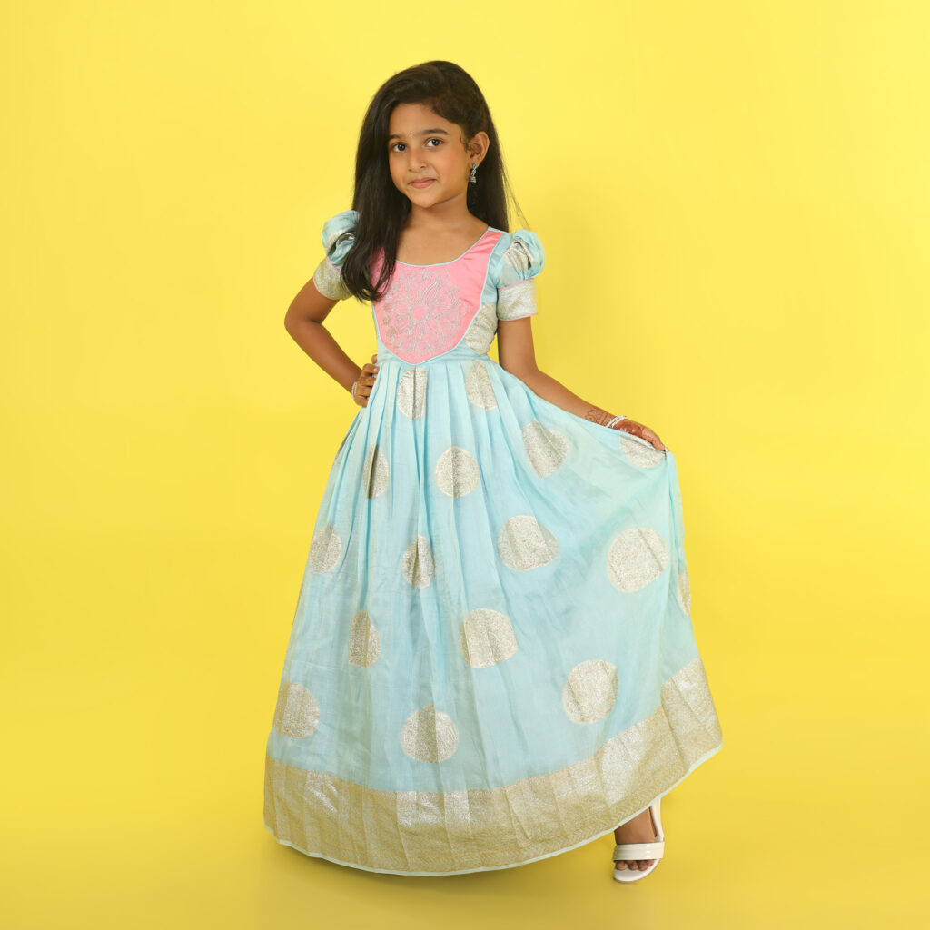 Yazh Nila customised sea blue and pink long gown for girls