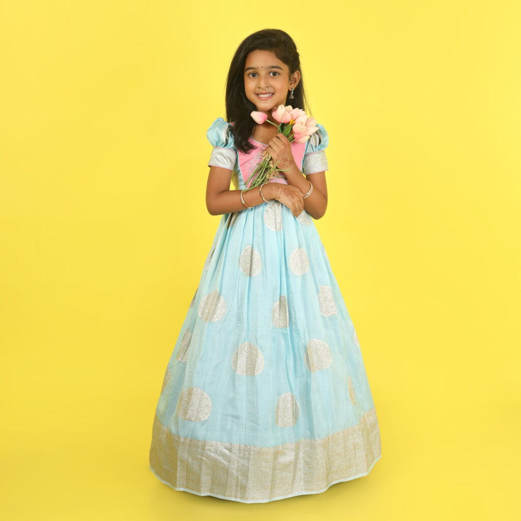 Girls blue and pink long gown front view customised festive wear