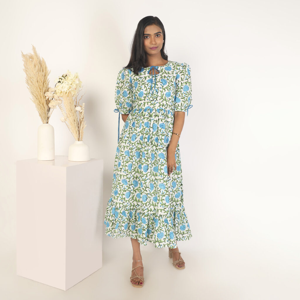 Blue handblock print cotton dress ready made pure cotton casual dress front view
