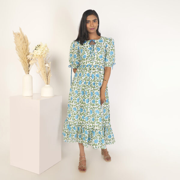 Ezhil | Blue Printed Tie Up Dress