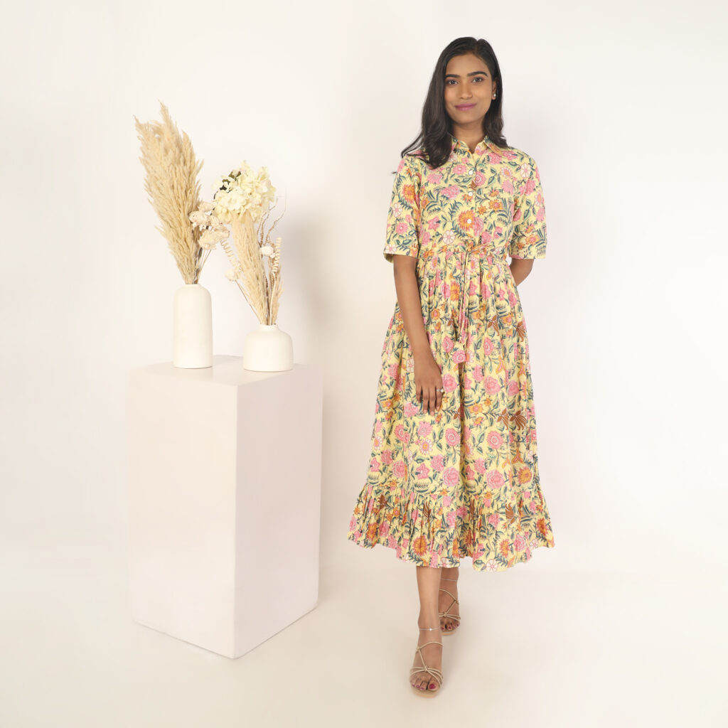 Multicolor floral cotton shirt dress ready made pure breathable cotton front view